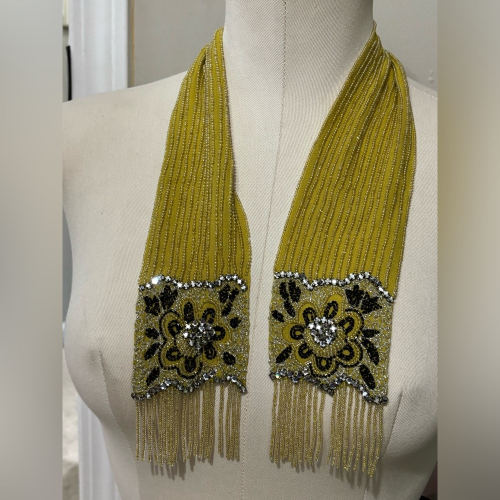 Megan Park Embellished Yellow Green 100% Silk Scarf